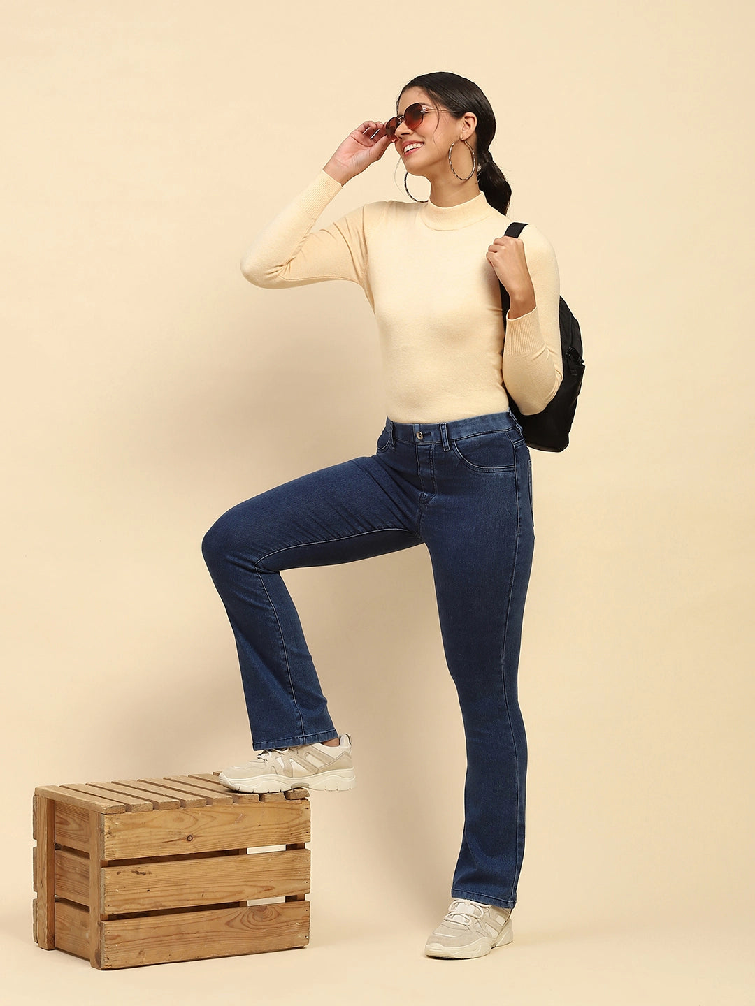Dark Blue Cotton Blend  Bootcut Jegging