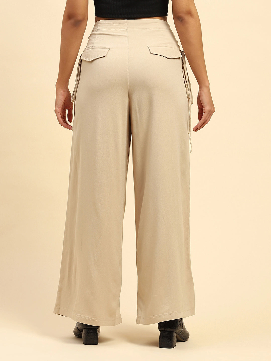 Beige Solid  Cotton Loose Fit Palazzo - Global Republic