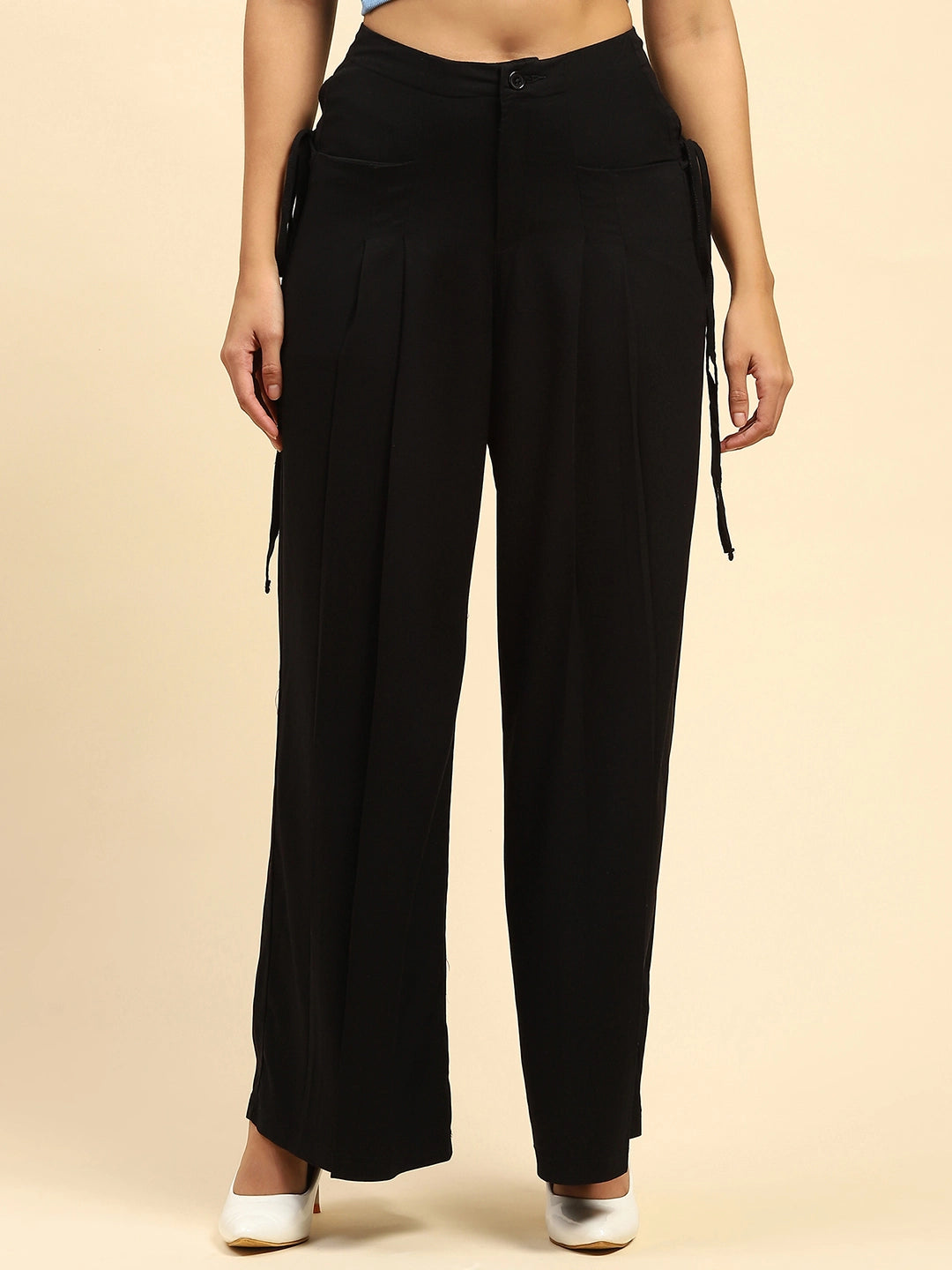 Black Solid  Cotton Loose Fit Palazzo - Global Republic