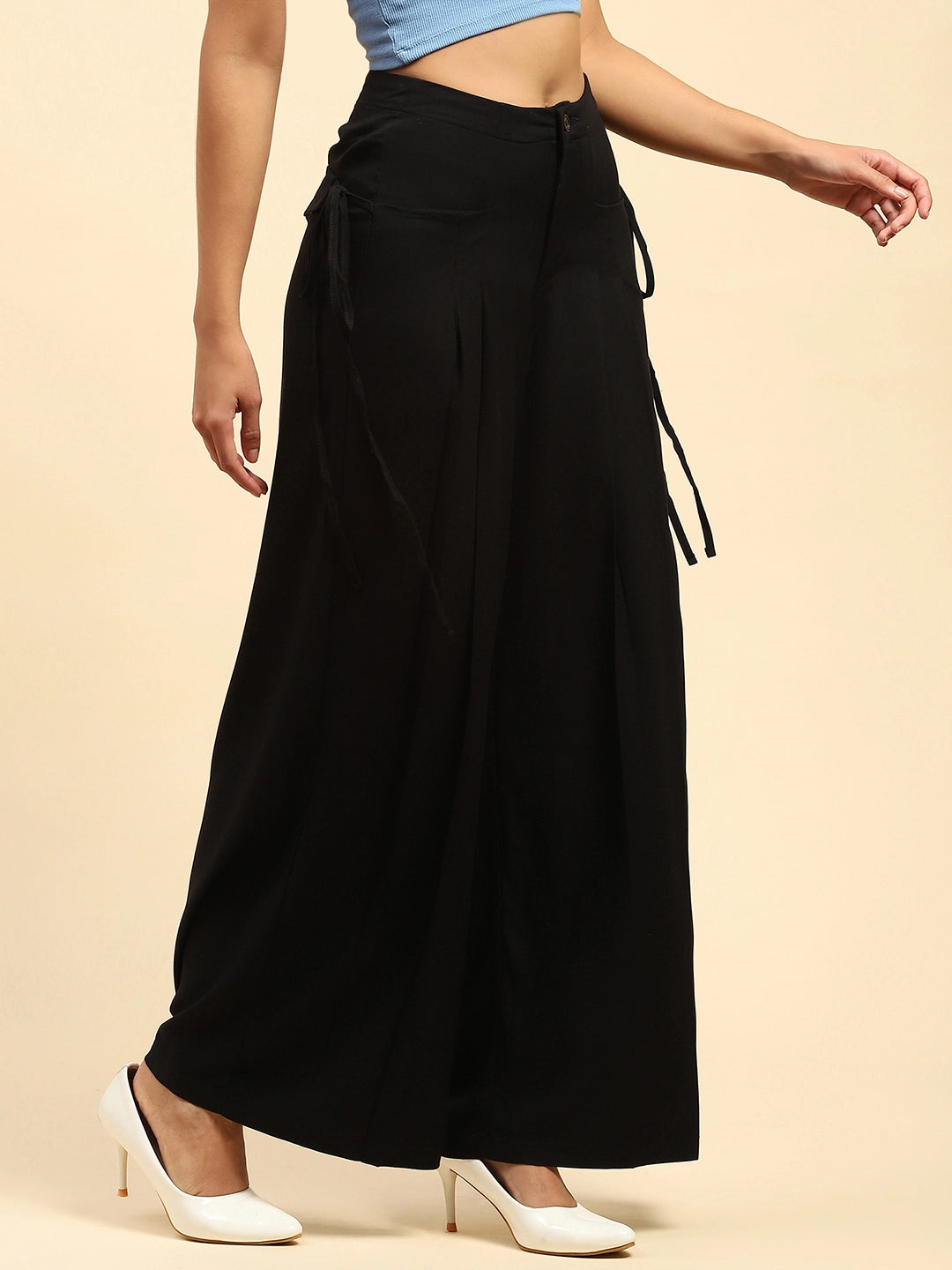 Black Solid  Cotton Loose Fit Palazzo - Global Republic