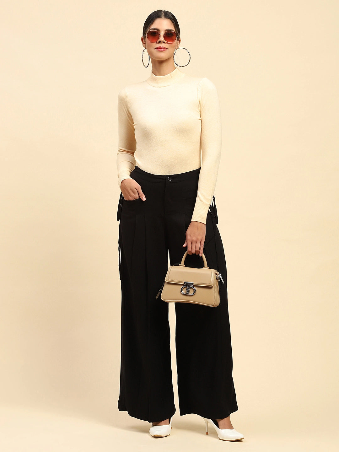 Black Solid  Cotton Loose Fit Palazzo - Global Republic