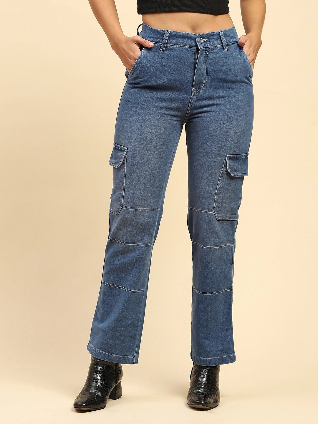Blue Solid Cotton Blend Straight Fit Cargo - Global Republic