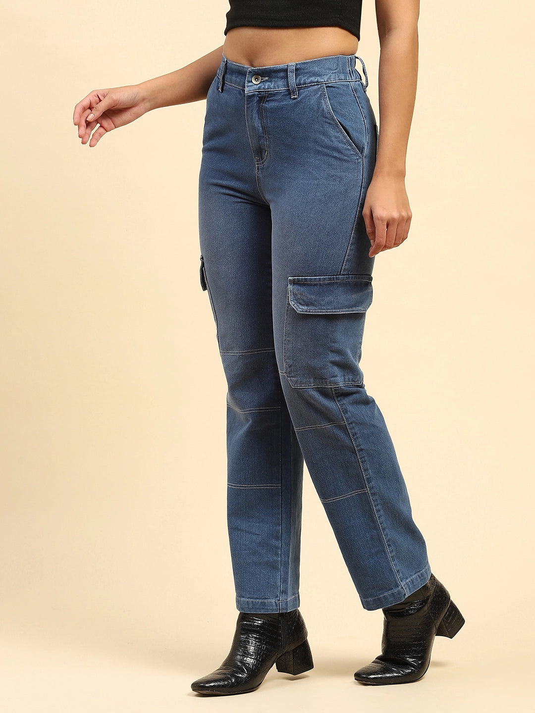 Blue Solid Cotton Blend Straight Fit Cargo - Global Republic
