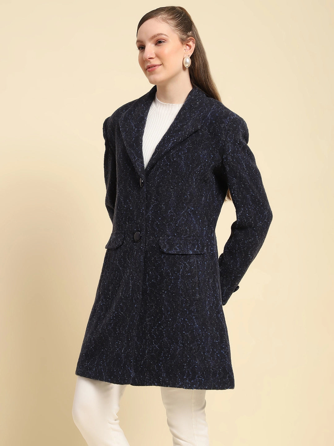Navy Self Design  Acrylic Coat - Global Republic
