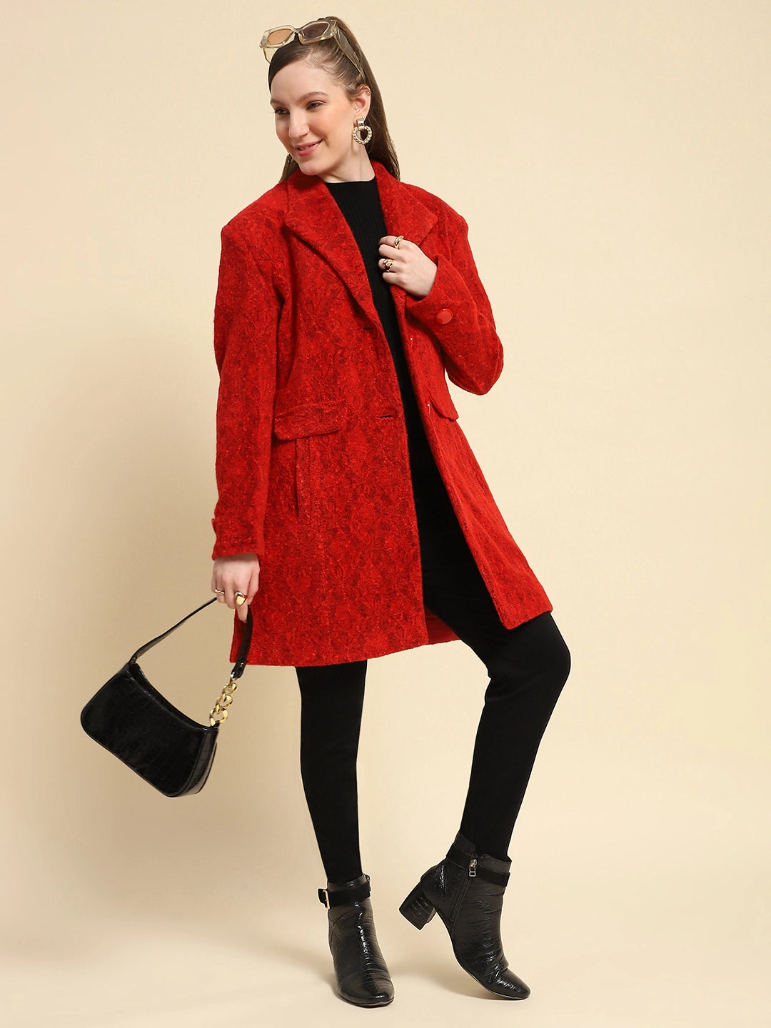 Red Self Design Poly Acrylic Coat