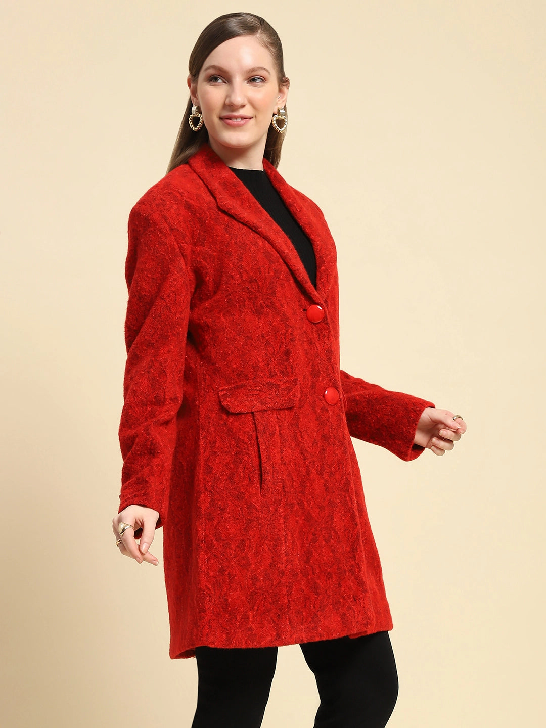 Red Self Design Poly Acrylic Coat