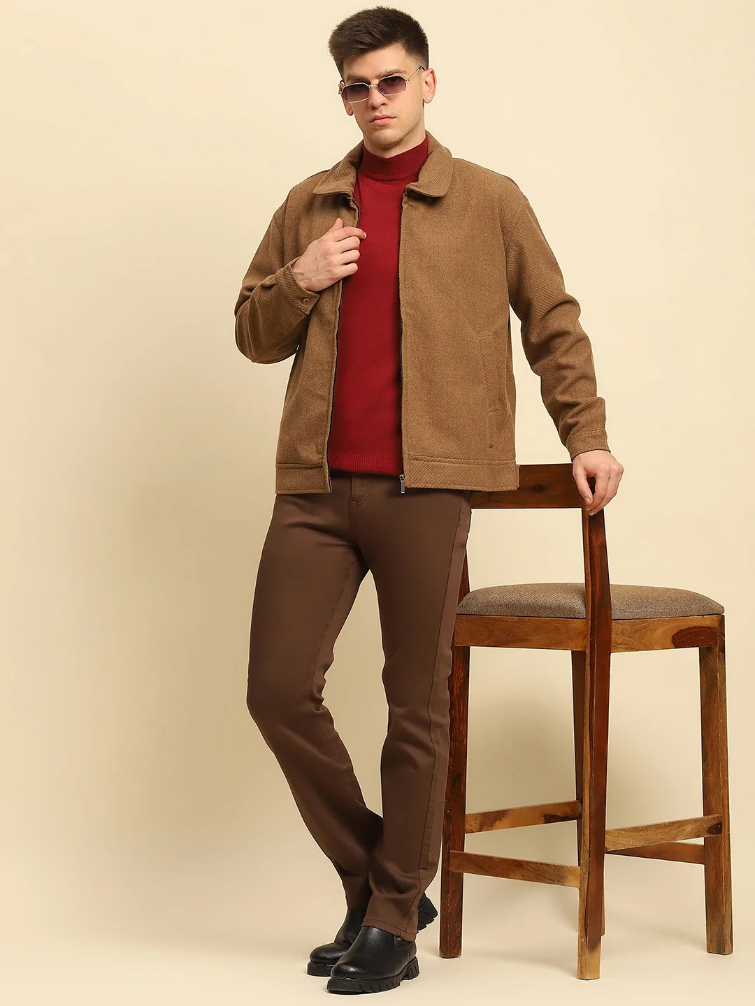 Brown Poly Blend Textured Jacket