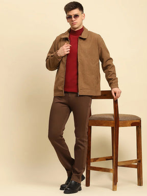 Brown Poly Blend Textured Jacket