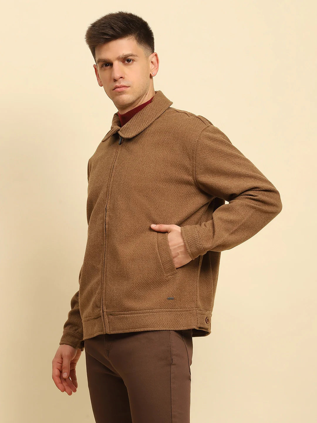 Brown Poly Blend Textured Jacket