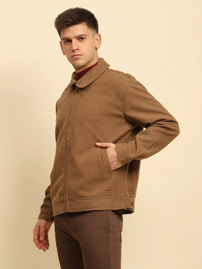 Brown Poly Blend Textured Jacket