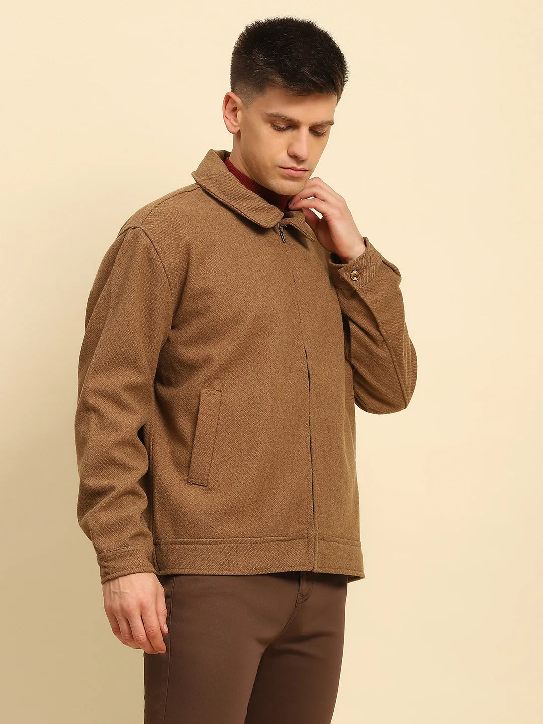 Brown Poly Blend Textured Jacket