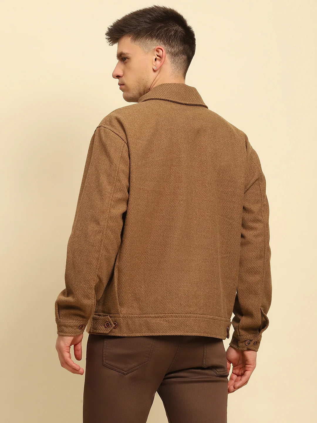Brown Poly Blend Textured Jacket