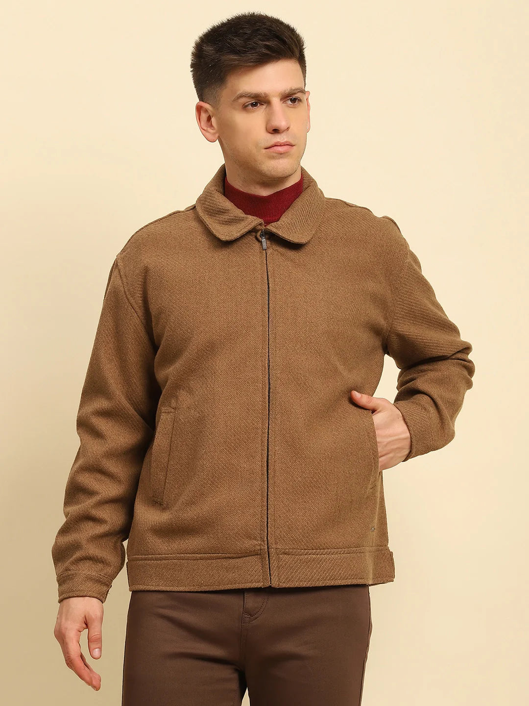 Brown Poly Blend Textured Jacket