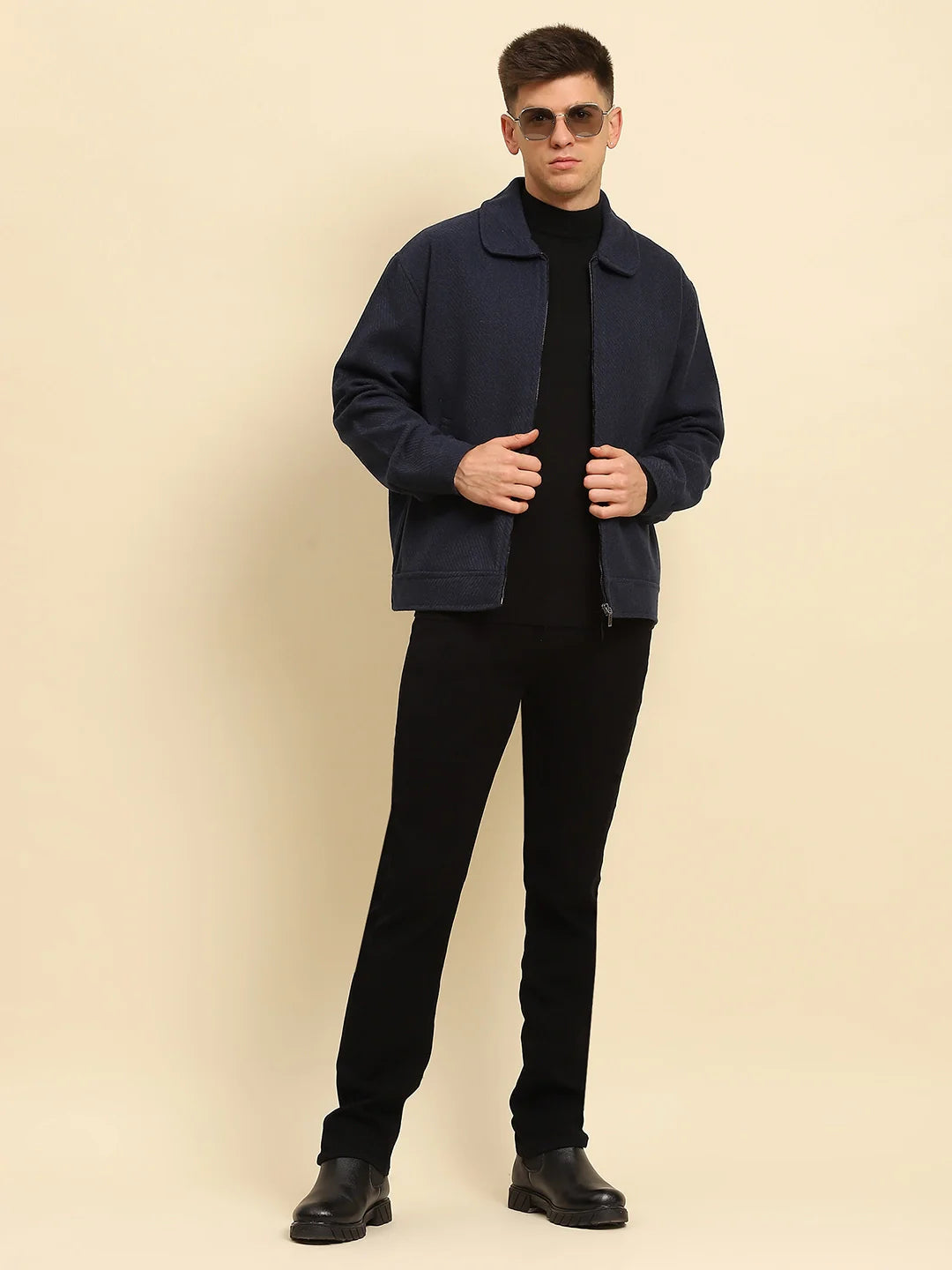 Navy  Textured Jacket - Global Republic