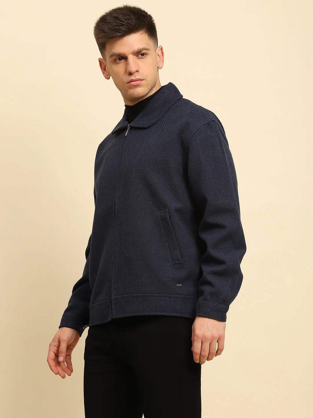 Navy  Textured Jacket - Global Republic