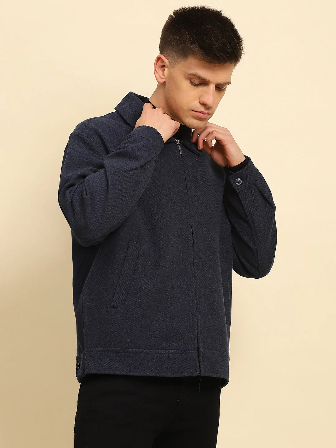 Navy  Textured Jacket - Global Republic