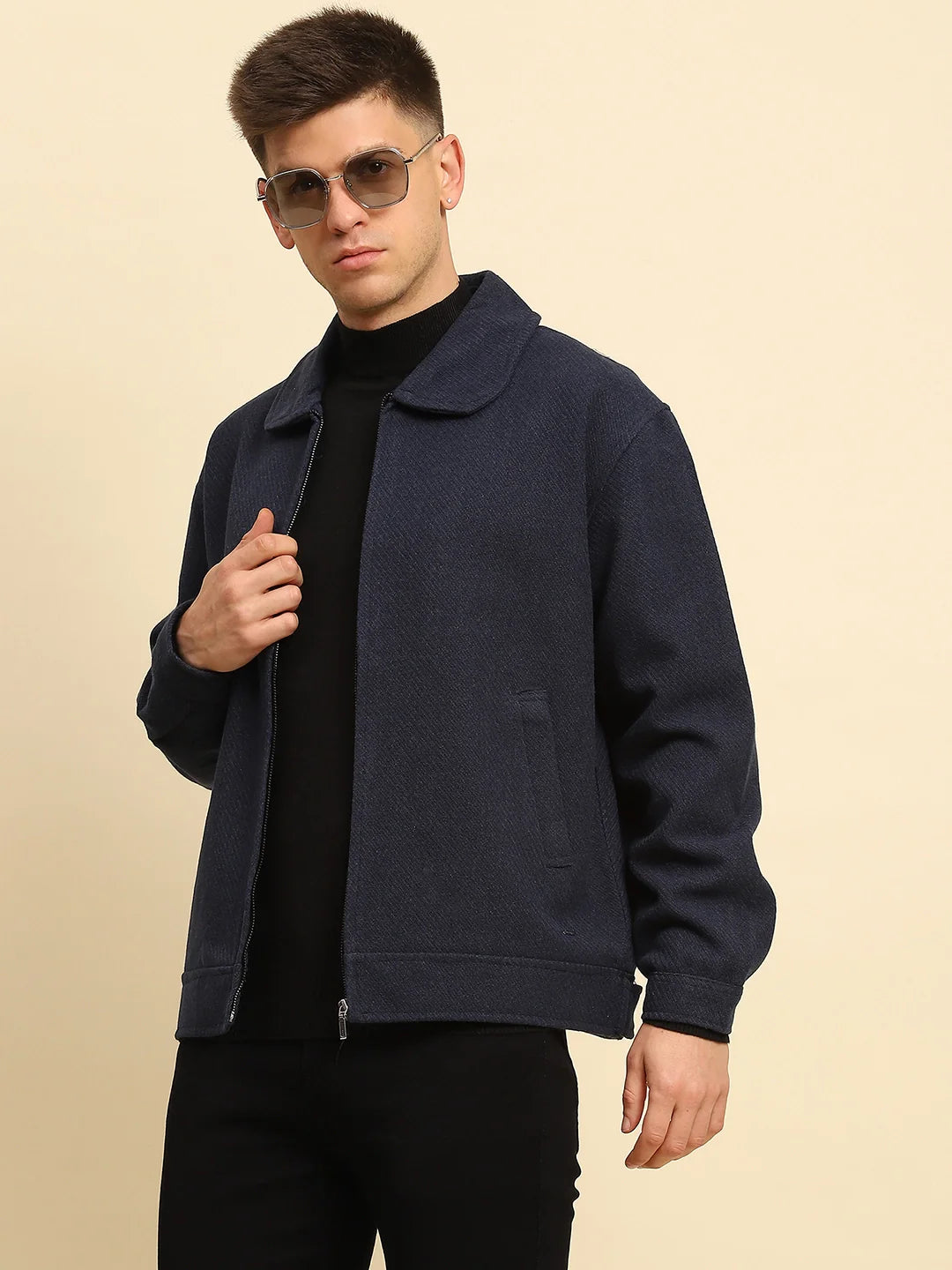 Navy Poly Blend Textured Jacket
