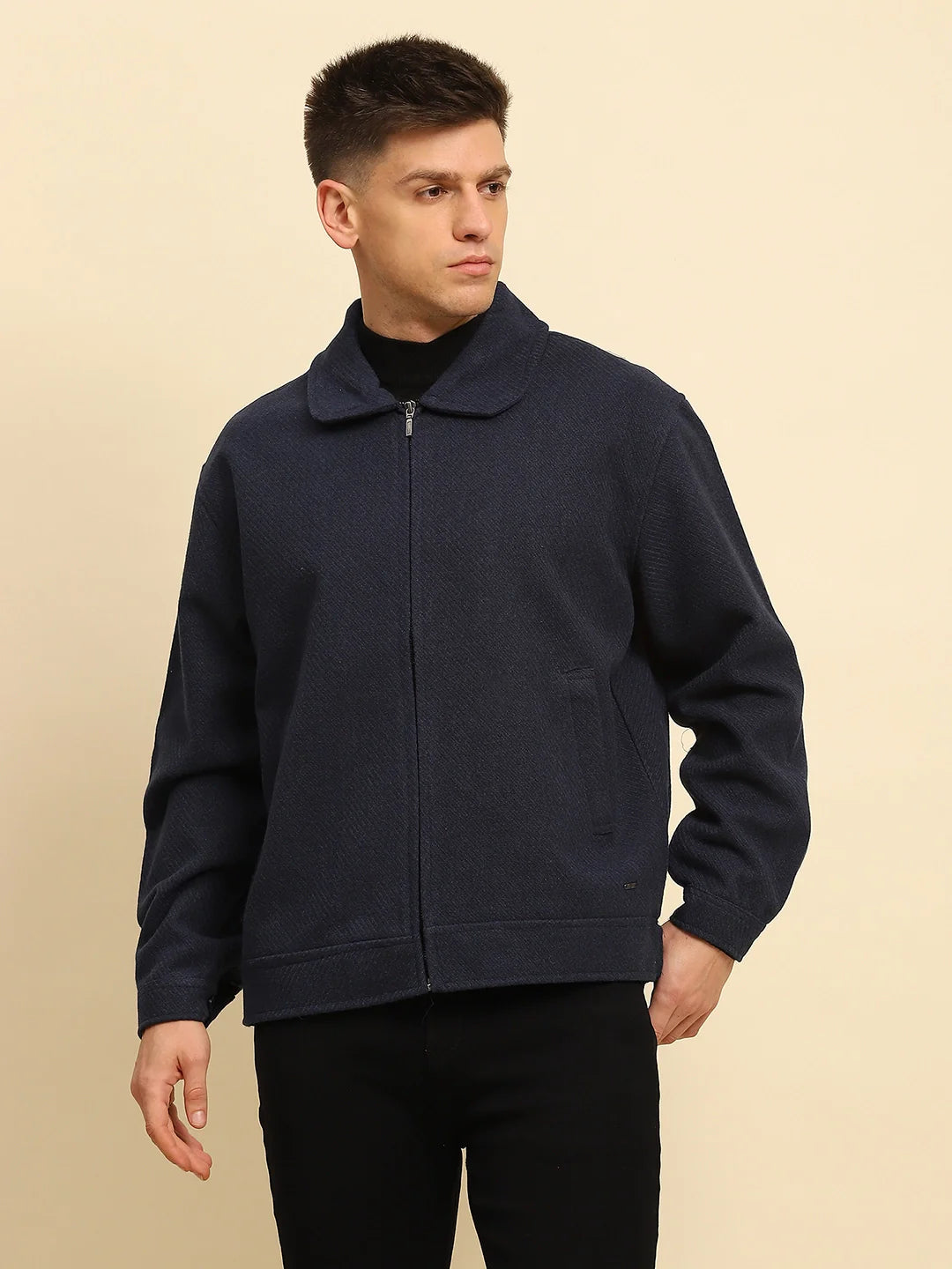 Navy  Textured Jacket - Global Republic