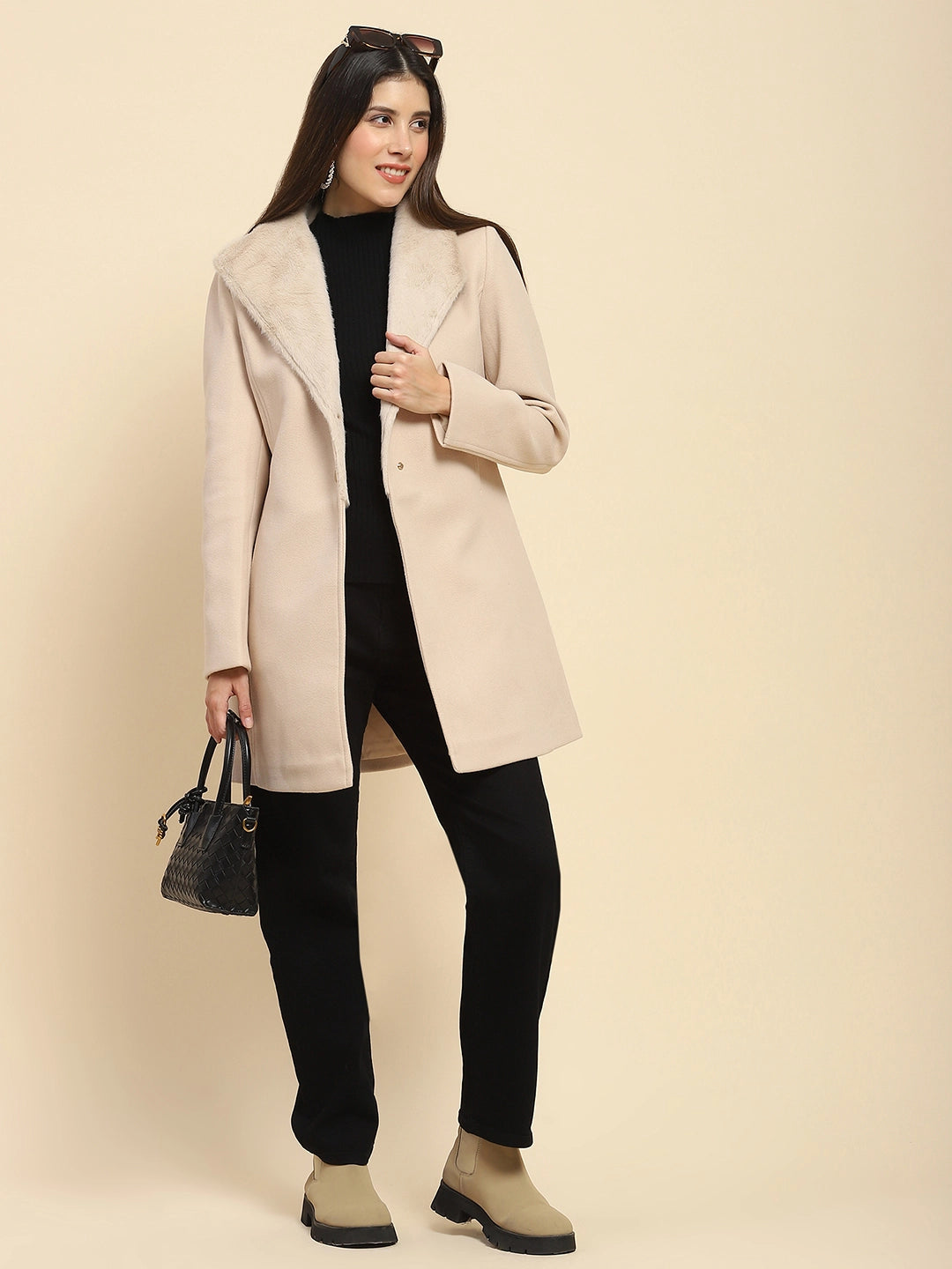 Nude  Solid Regular Fit Long Coat For Winter - Global Republic