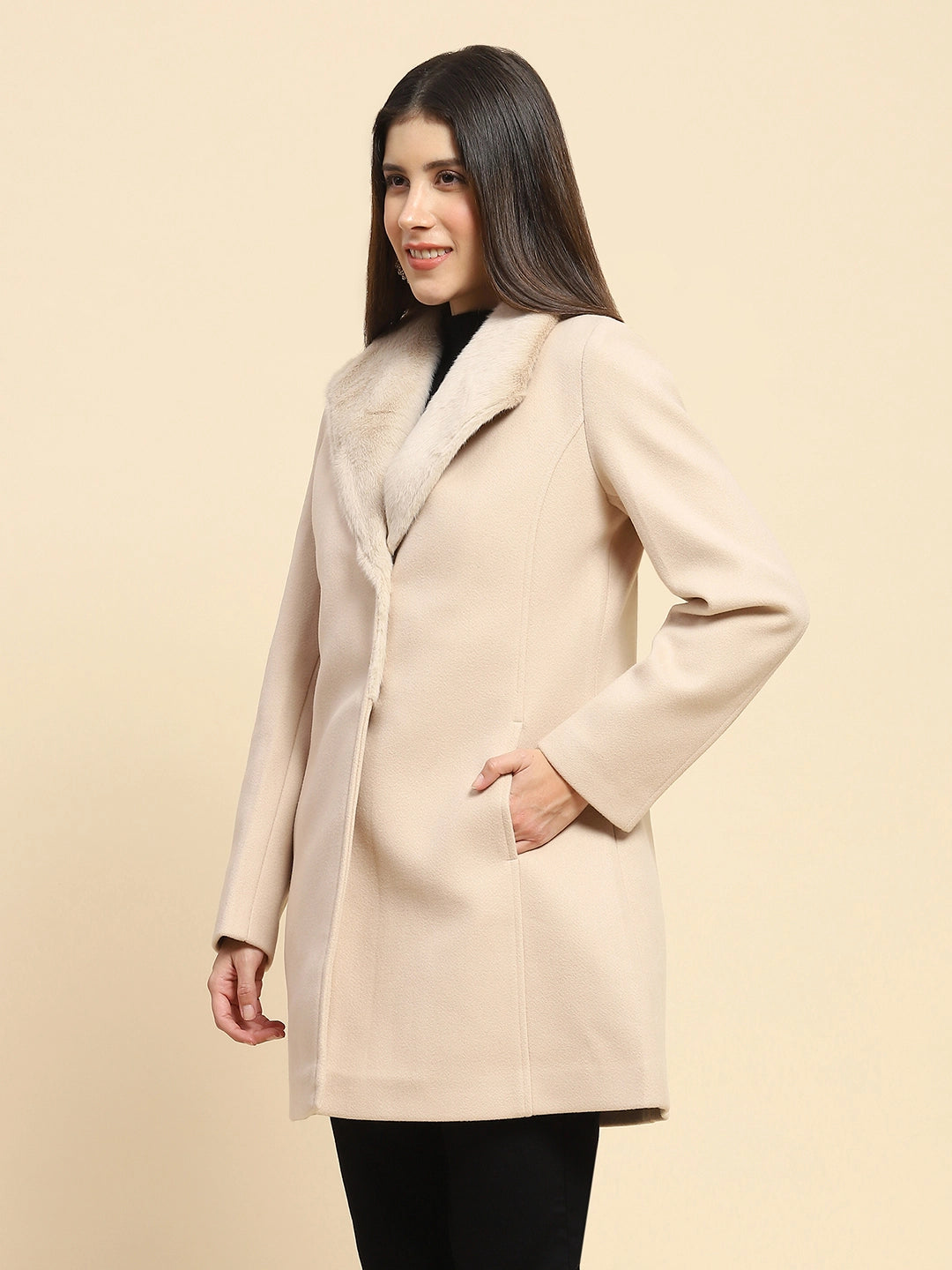 Nude  Solid Regular Fit Long Coat For Winter - Global Republic