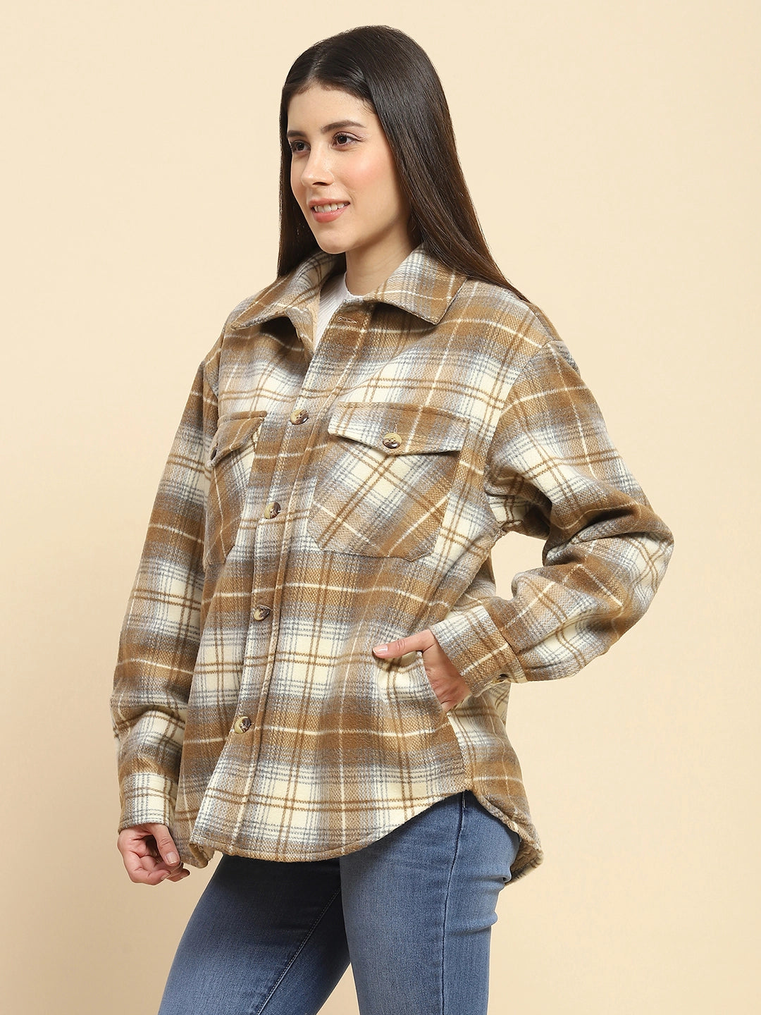 Brown Checks Oversized Winter Shacket