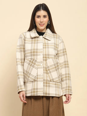 Beige Fleece Check Winter Shacket