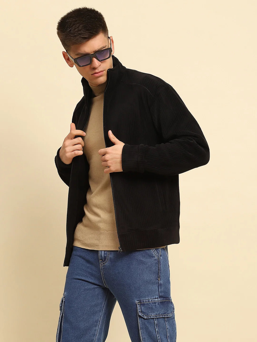 Black Poly Blend Solid Jacket