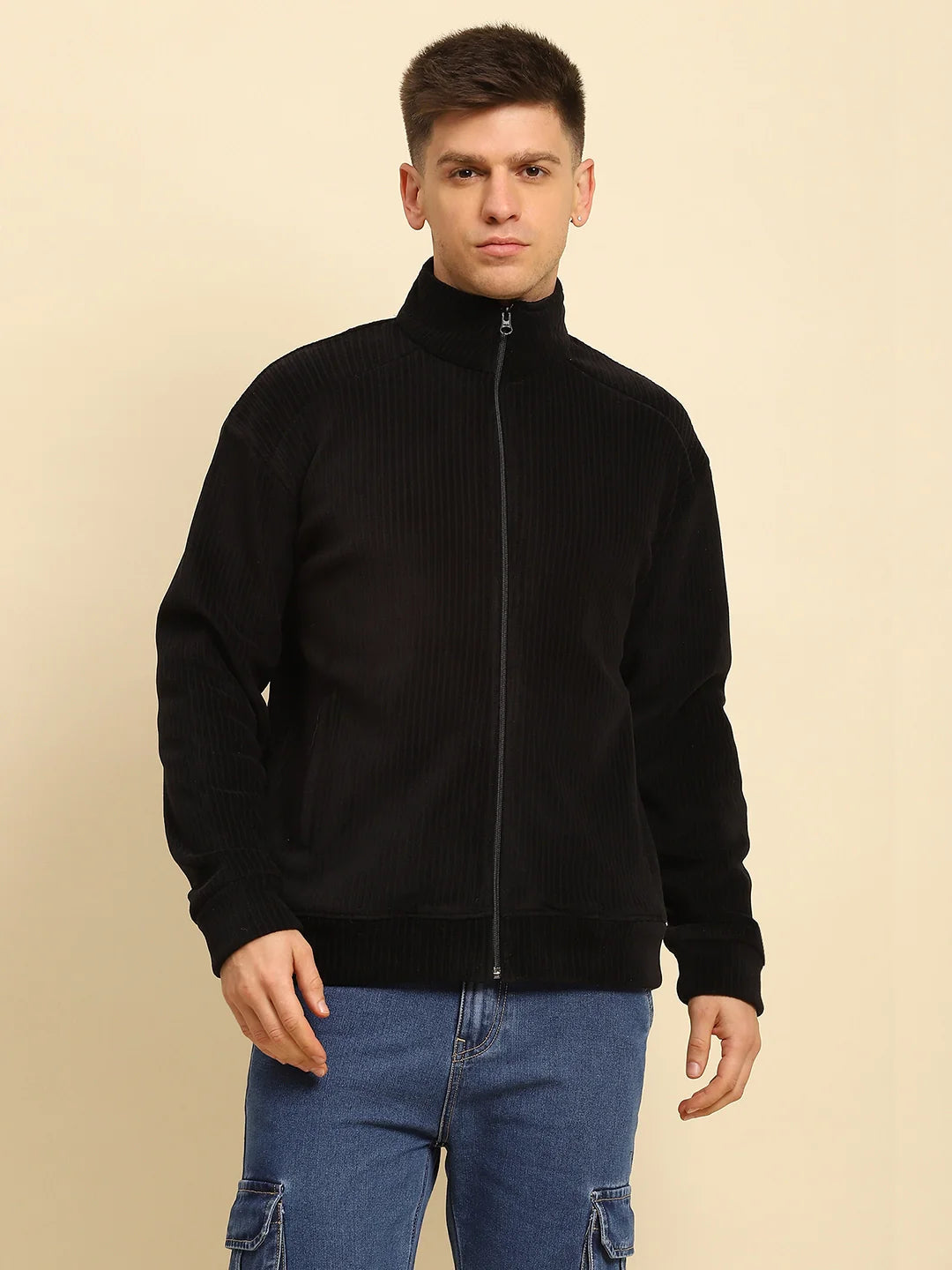 Black Poly Blend Solid Jacket