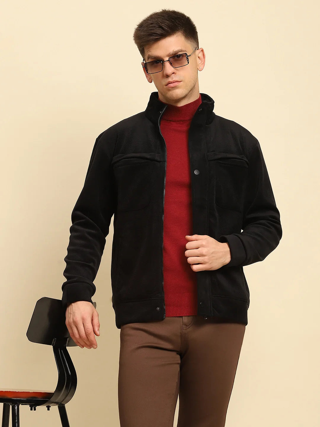Black Poly Blend Textured Jacket