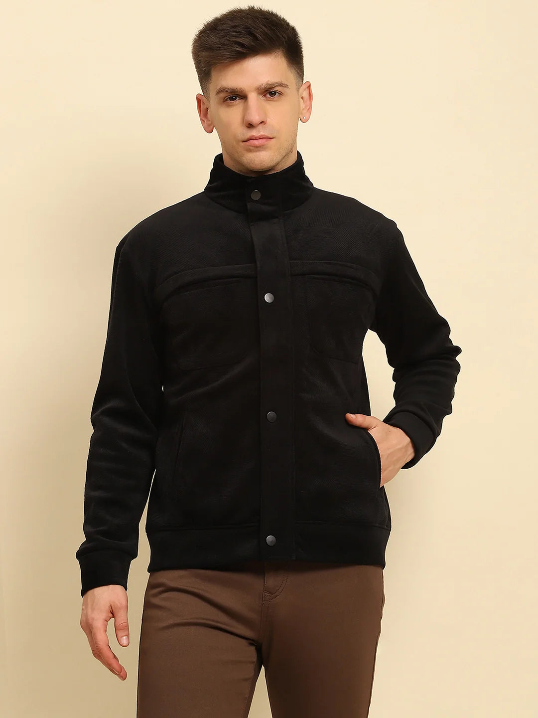 Black Poly Blend Textured Jacket