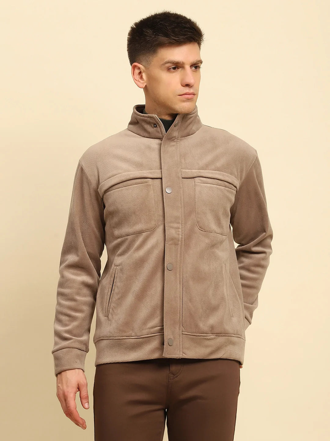 Tan Poly Blend Textured Jacket