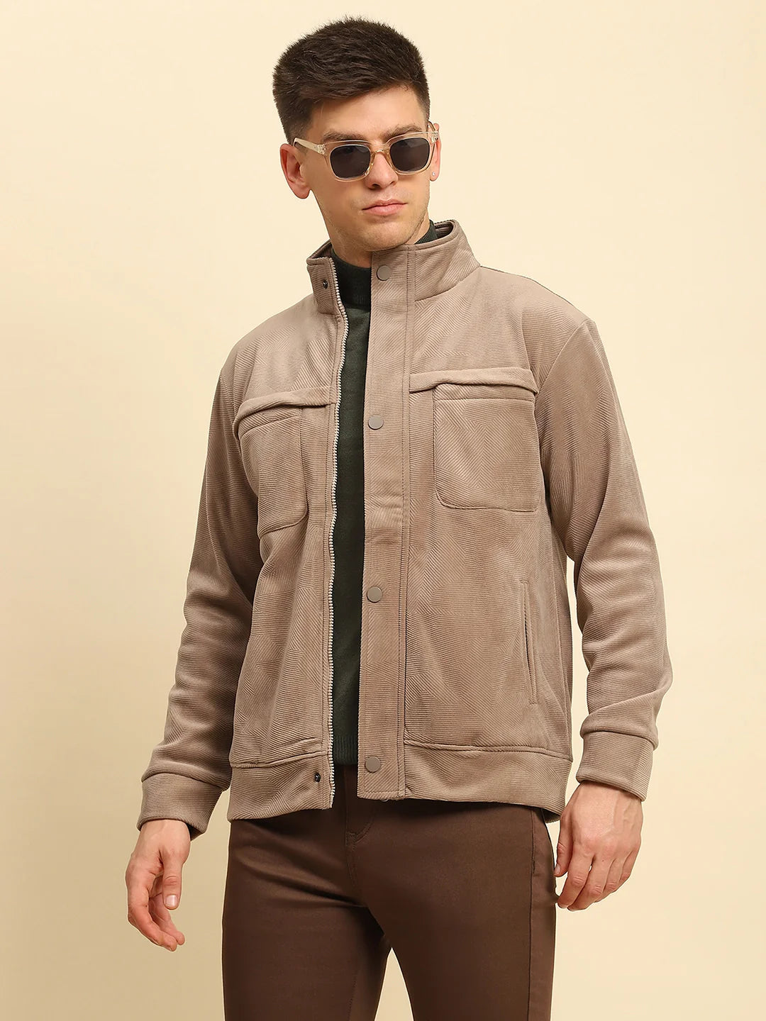 Tan Poly Blend Textured Jacket