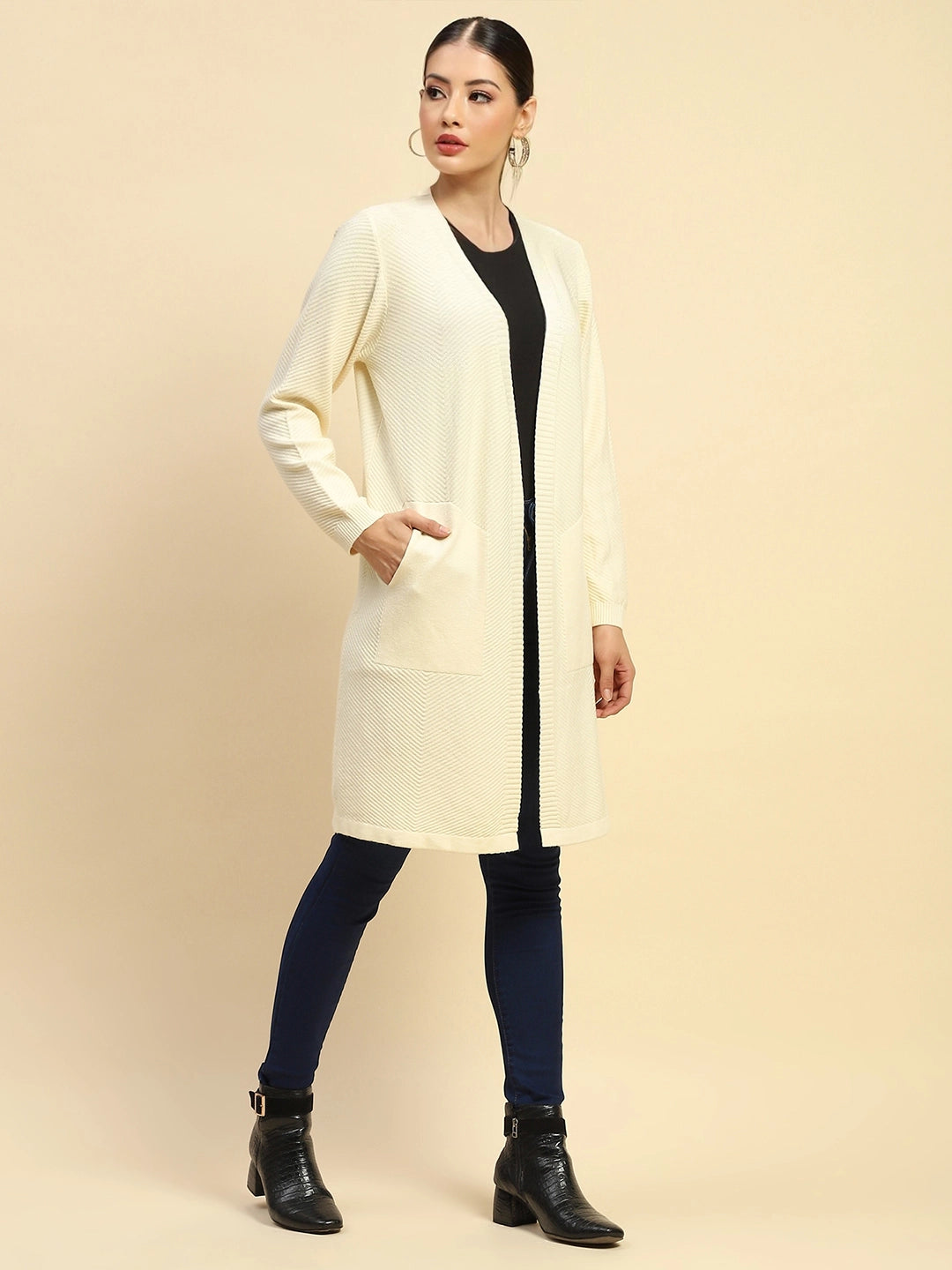 Off White  Viscose Loose Fit Winter Shrug For Women - Global Republic