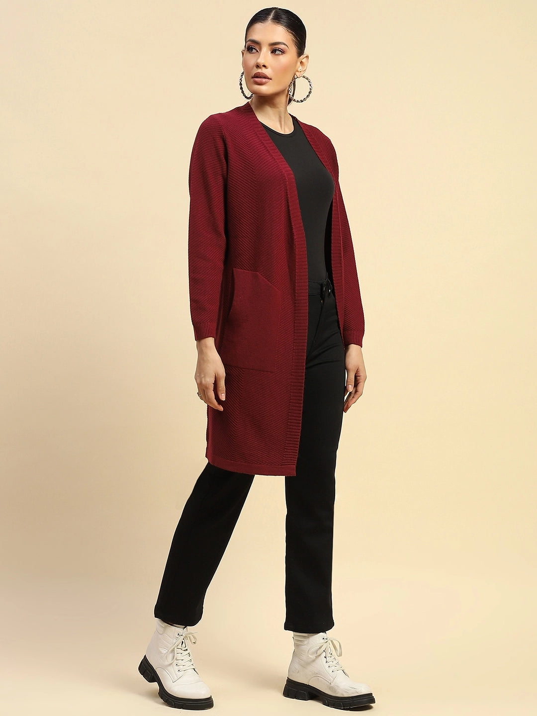 Wine  Viscose Loose Fit Winter Shrug - Global Republic