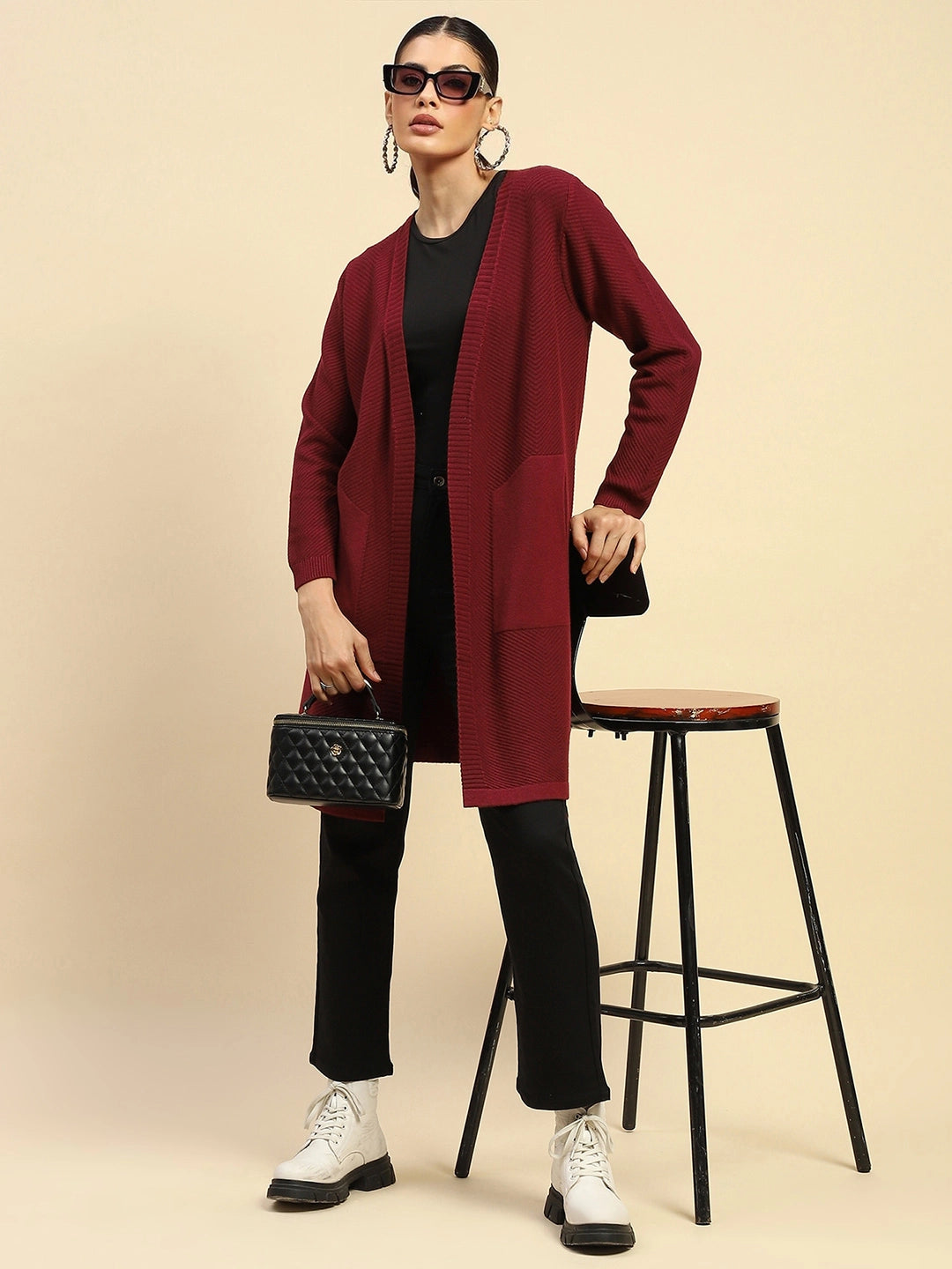 Wine  Viscose Loose Fit Winter Shrug - Global Republic