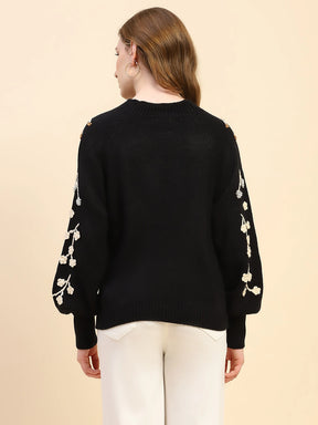 Black Embroidered Viscose Relaxed Fit Pullover