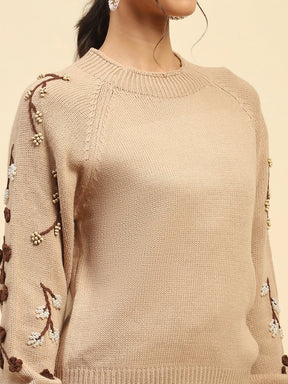 Khaki Embroidered Viscose Relaxed Fit Pullover