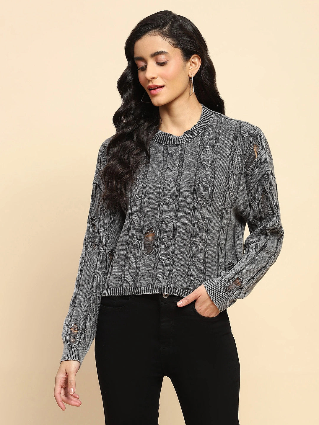 Grey Cotton Boxy Fit Pullover - Global Republic