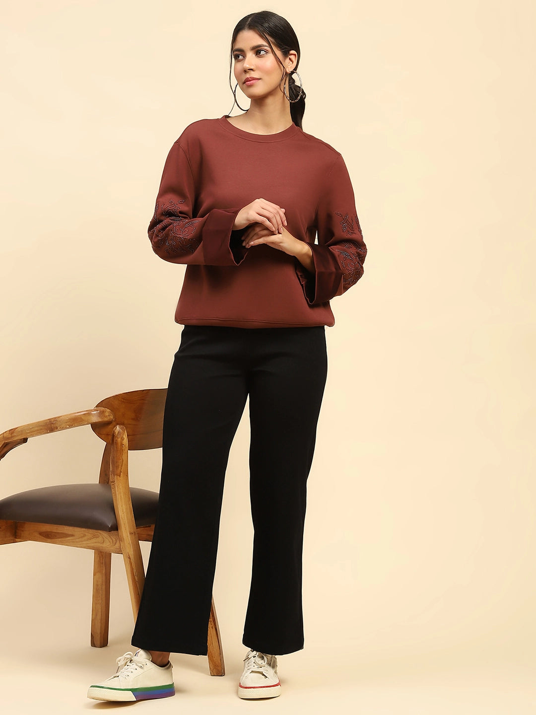 Brick Red Embellished Sweatshirt - Global Republic