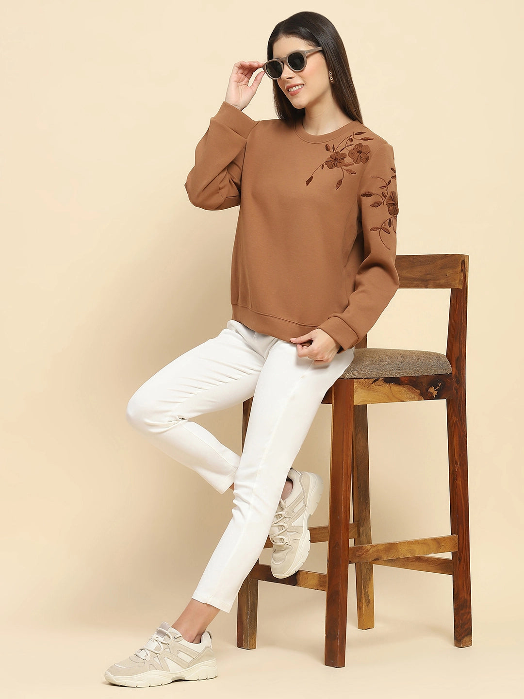 Brown Poly Blend Embroidered Sweatshirt