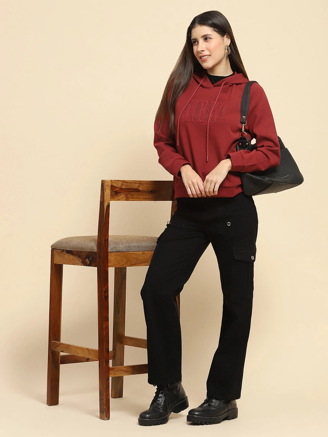 Maroon Poly Blend Embroidered Hood Sweatshirt
