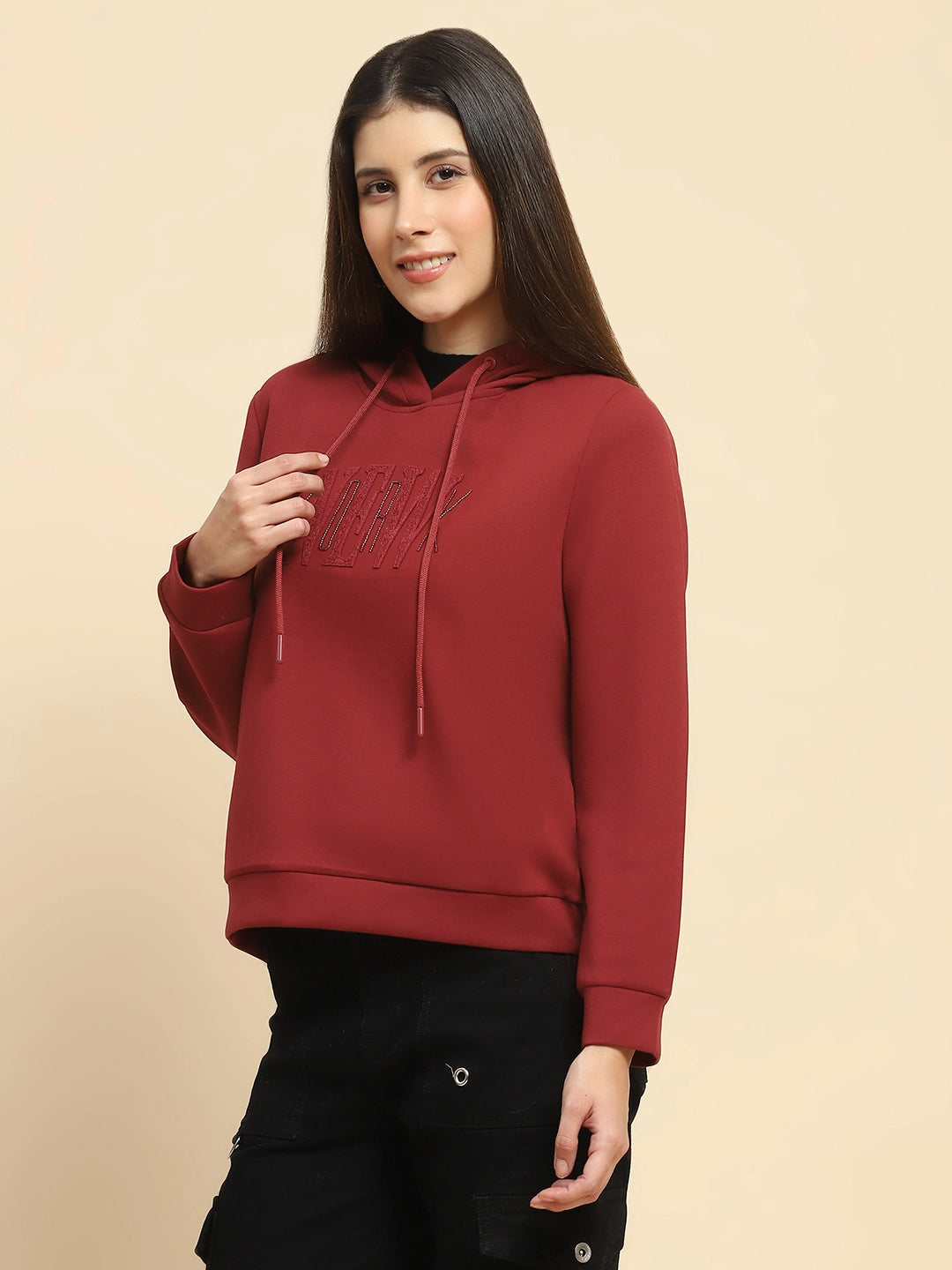 Maroon Poly Blend Embroidered Hood Sweatshirt