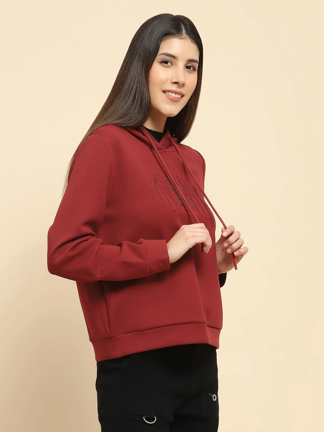 Maroon  Embroidered Hood Sweatshirt - Global Republic