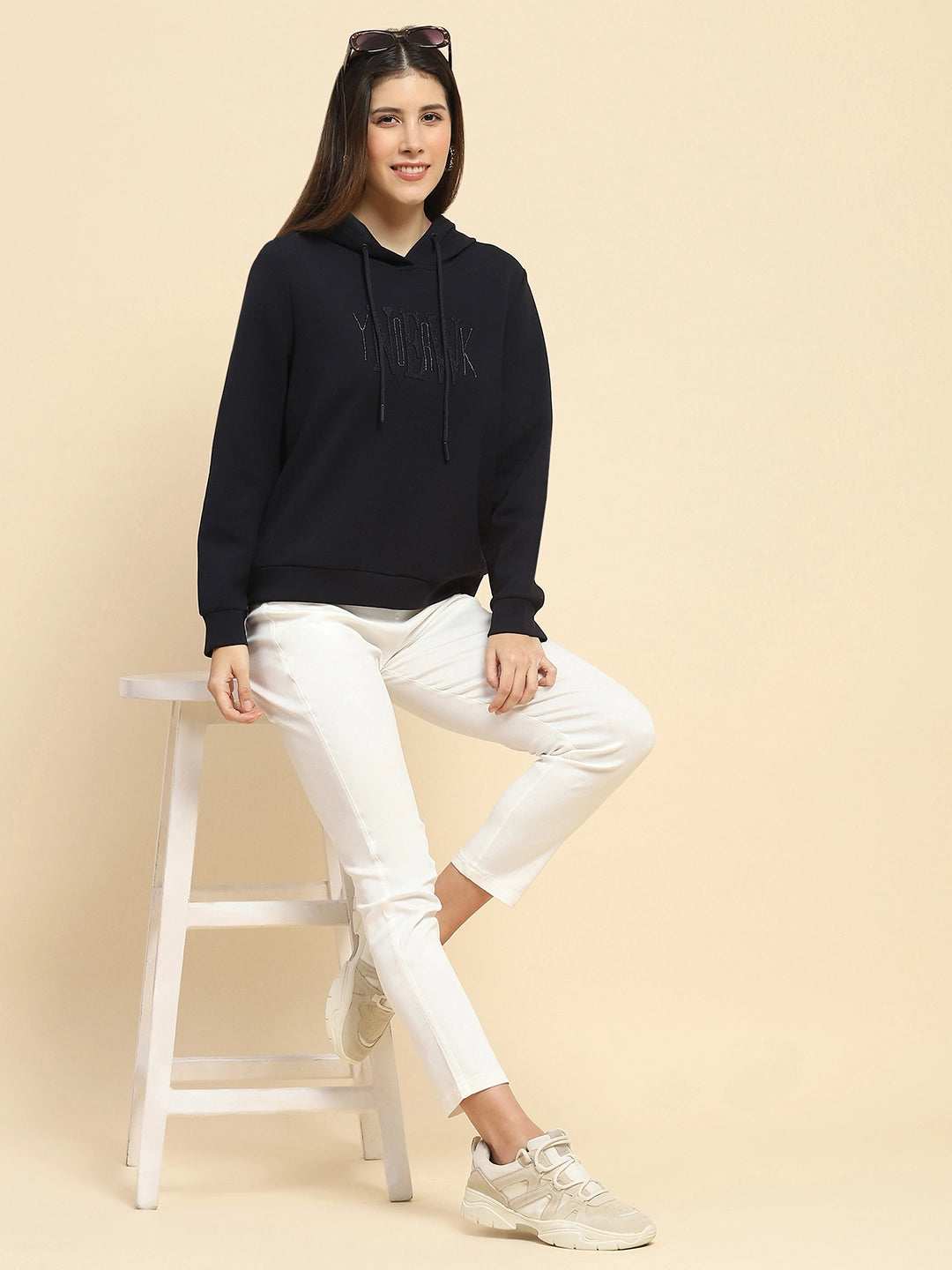 Navy Poly Blend Embroidered Hood Sweatshirt