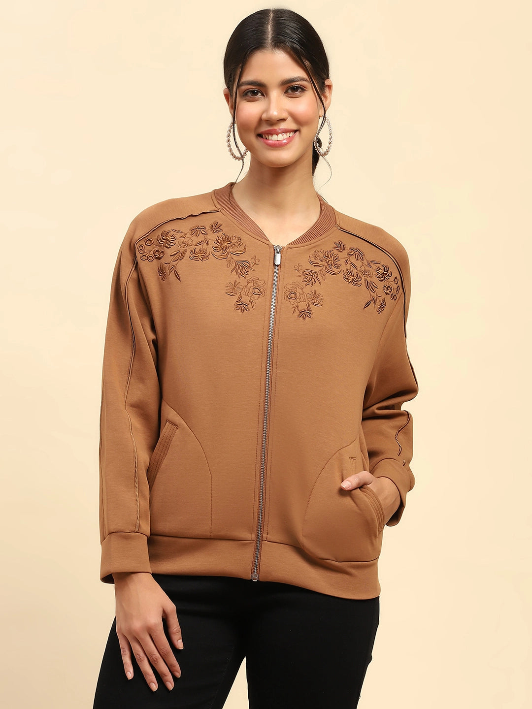 Tan Embroidered  Sweatshirt - Global Republic