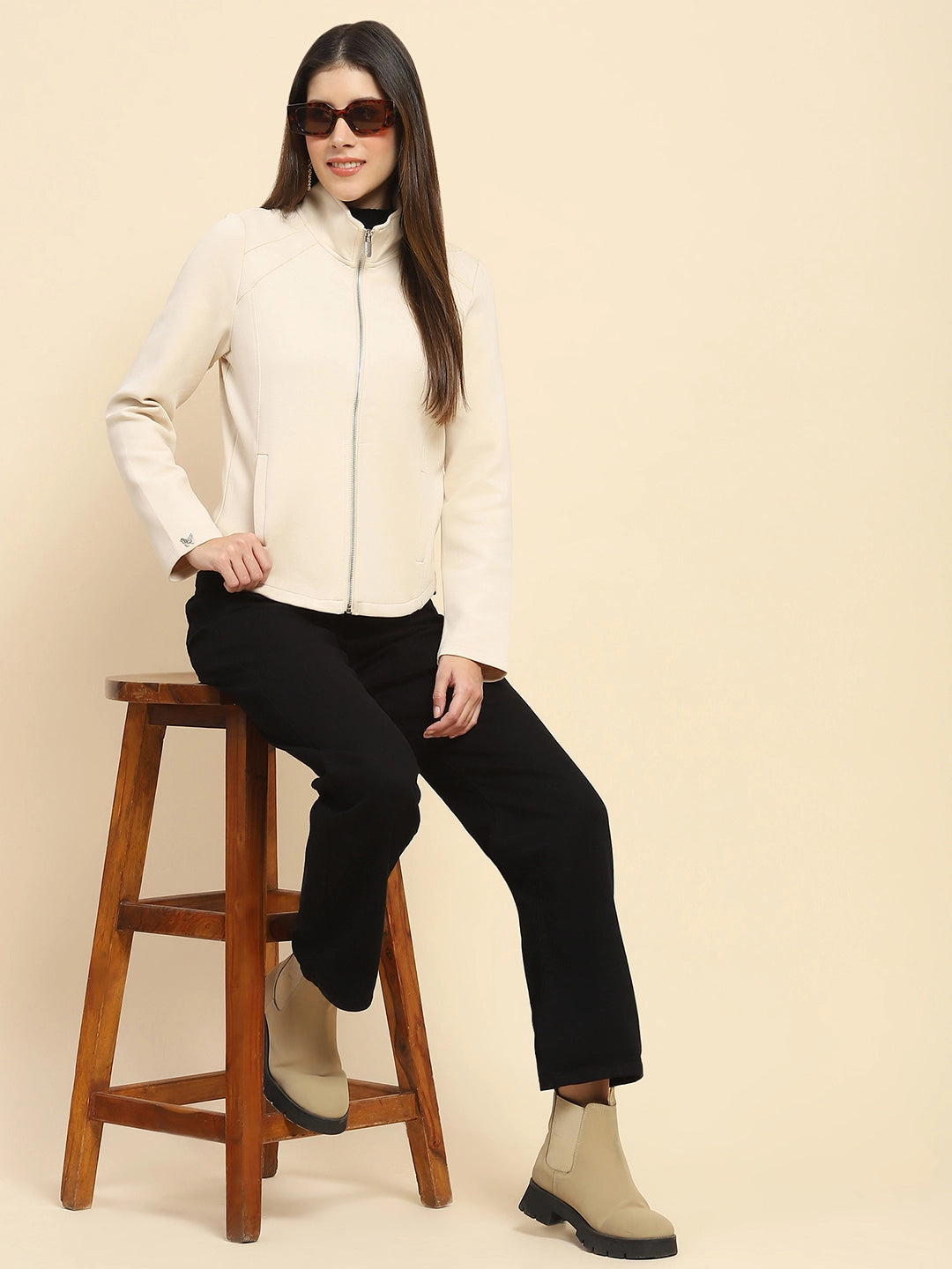 Cream  Solid Sweatshirt - Global Republic