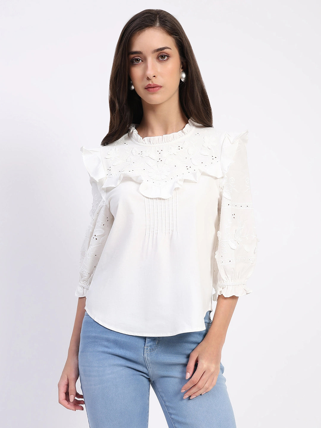 White Embroidered Cotton Blouson Top - Global Republic