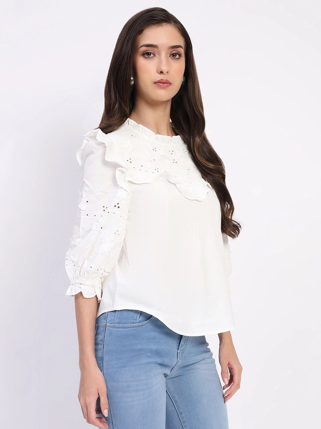 White Embroidered Cotton Blouson Top - Global Republic
