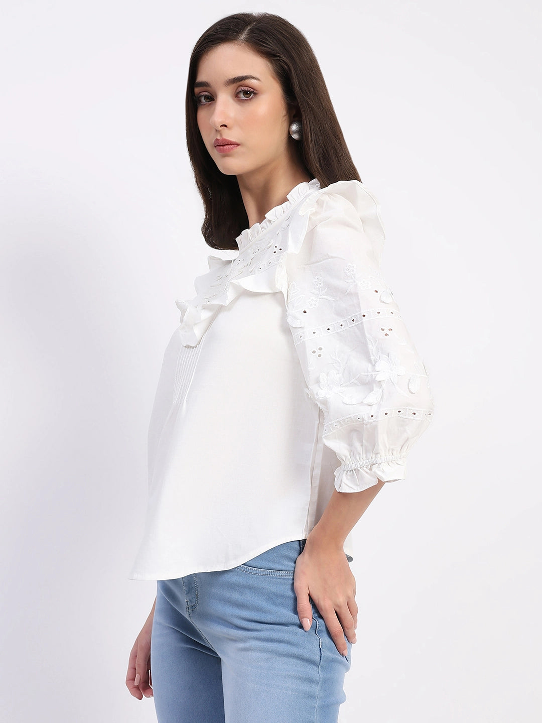 White Embroidered Cotton Blouson Top - Global Republic