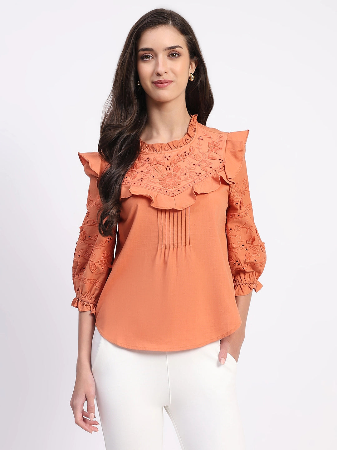 Rust Embroidered Cotton Blouson Top - Global Republic